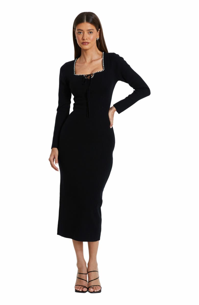 QUIZ Knit Diamante Trim Tie Neck Long Sleeve Sweater Dress, Main, color, 