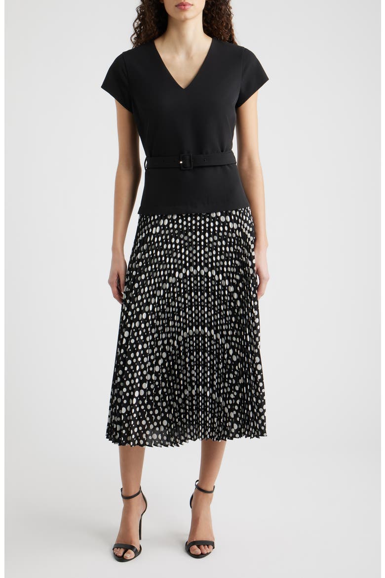 The Nina Belted Pleated Dress, Main, color, NOIR/ NOIR AND WHITE POLKA DOT