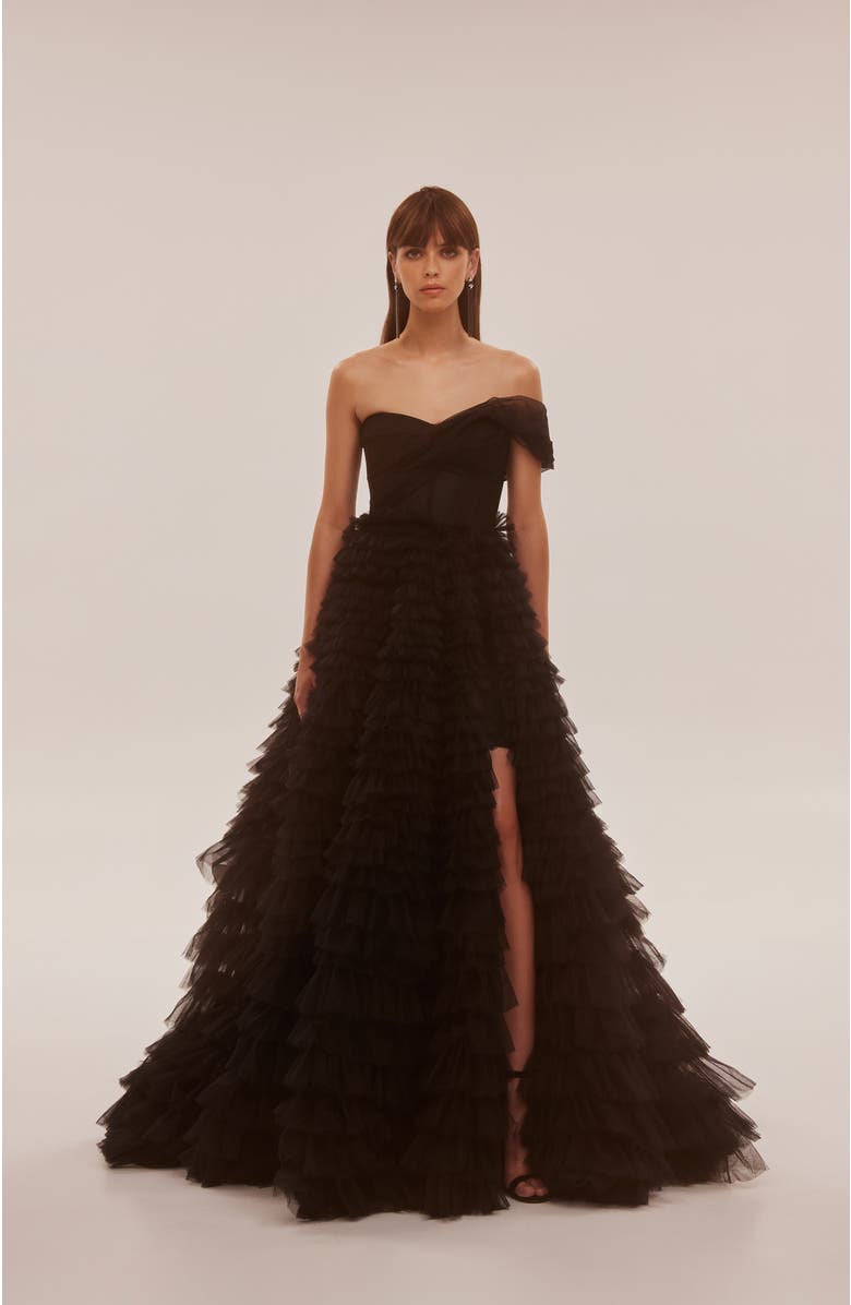 Milla Timeless One-Shoulder Frill-Layered Ball Gown In Black, Alternate, color, Black