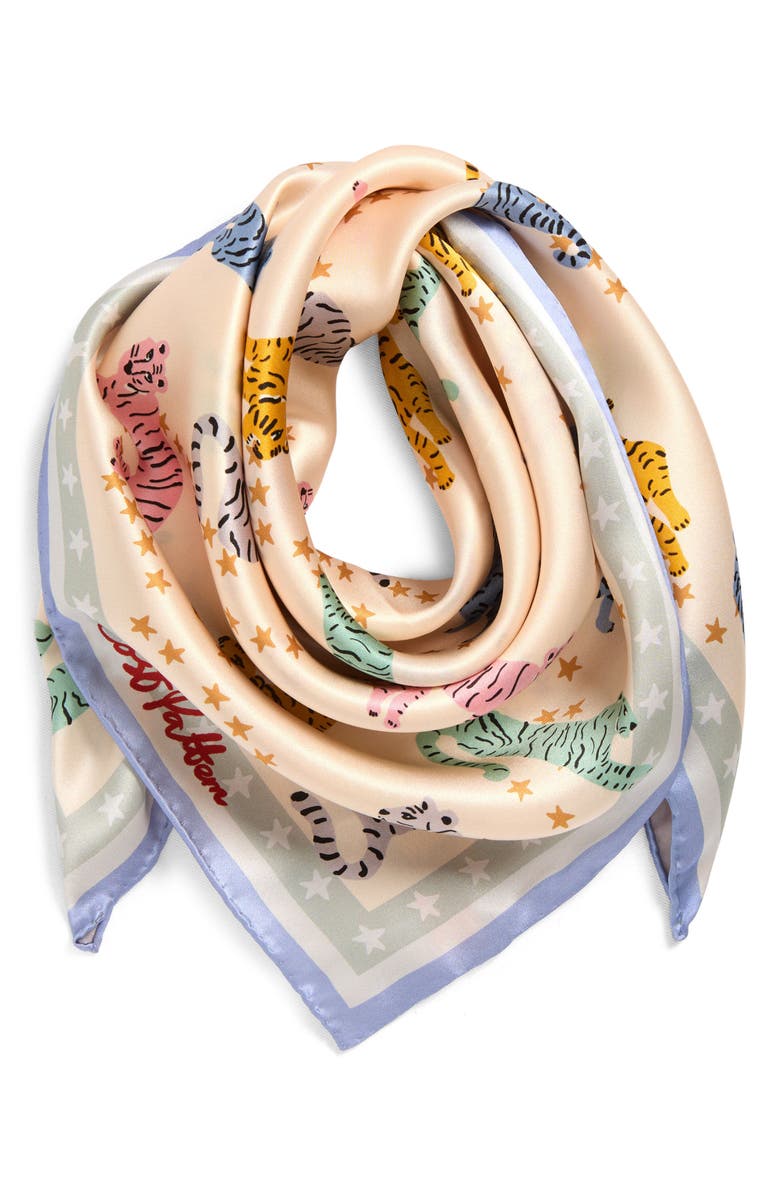 Lost Pattern Neon Tigers Silk Square Bandana, Alternate, color, Ivory/ Pastel Blue