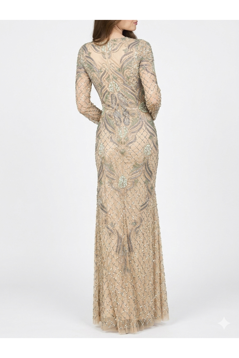 Long Sleeve Beaded Gown, Alternate, color, Nude/Multi