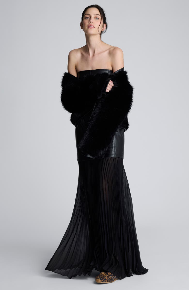 Kenneth Cole Strapless Pleated Skirt Mixed Media Maxi Dress, Alternate, color, Black