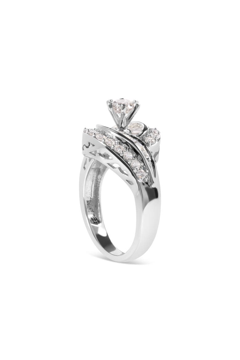 14K White Gold 1.00 Cttw Round and Baguette cut Diamond Swirl Cocktail Ring (H-I Color, SI2-I1 Clarity) - Ring Size 7, Alternate, color, White Gold