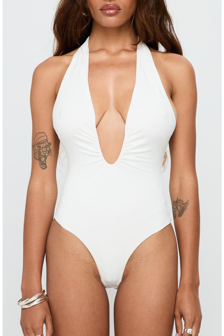 Emmalyne Plunge Neck Halter Bodysuit, Alternate, color, WHITE