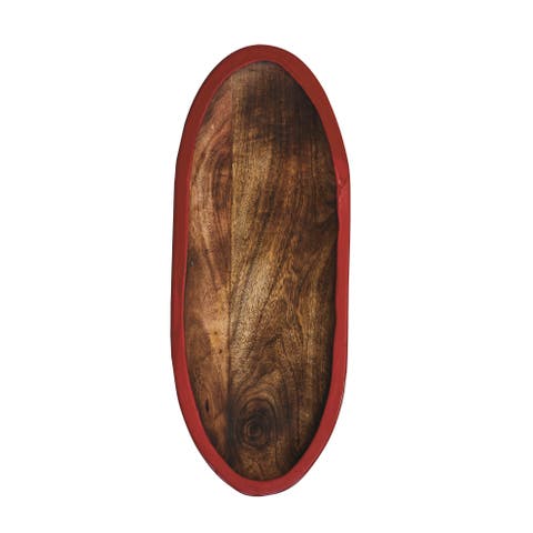 Mango Wood Oval Tray with Enameled Edge, Red