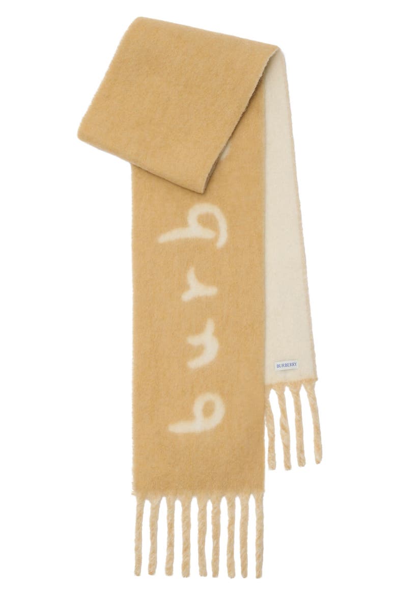 Logo Text Jacquard Reversible Alpaca & Wool Blend Fringe Scarf, Main, color, SAND