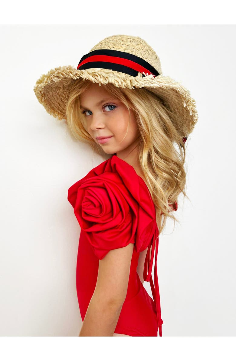 Mia Belle Girls Blooming Rose Sleeve One Piece Swimsuit, Alternate, color, Red