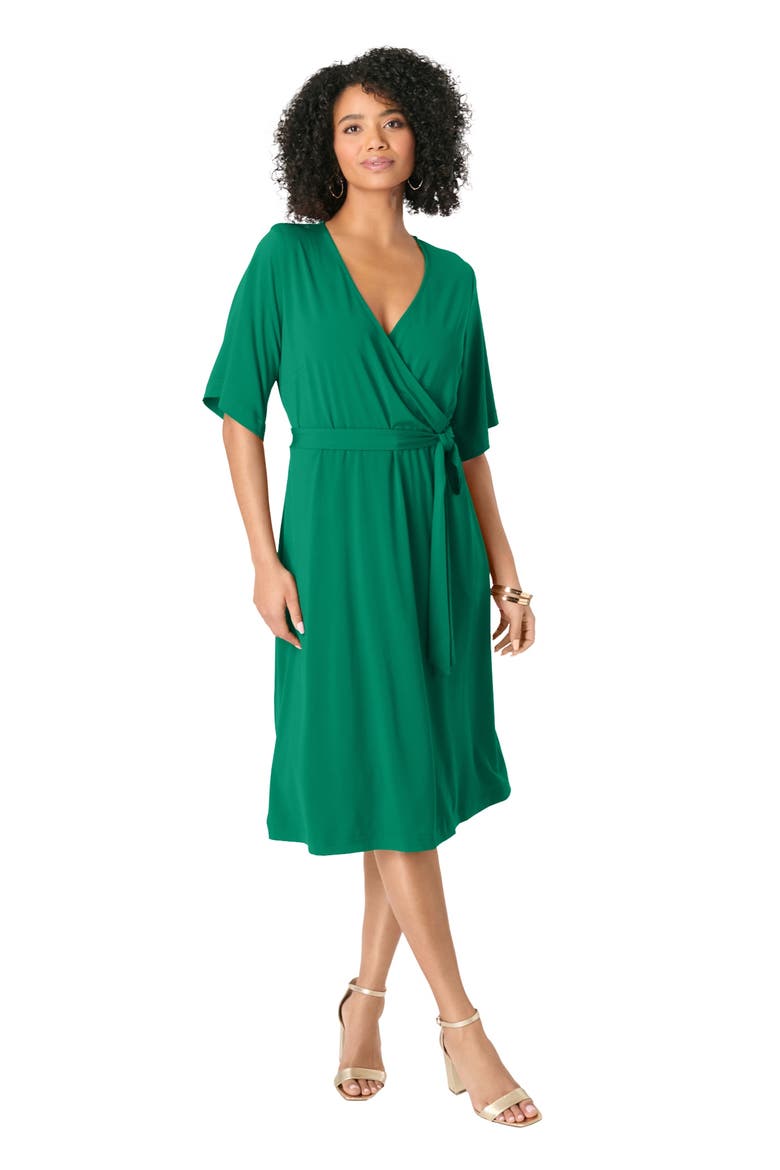 Plus Size Short Sleeve Wrap Fit And Flare Dress, Main, color, MIDNIGHT VINE PALMS