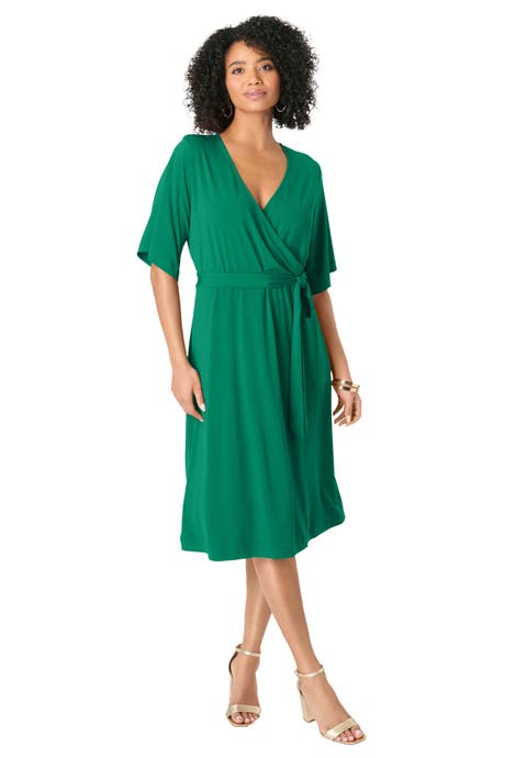 Plus Size Short Sleeve Wrap Fit And Flare Dress