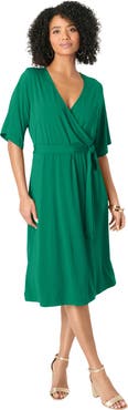 Roaman's Plus Size Short Sleeve Wrap Fit And Flare Dress