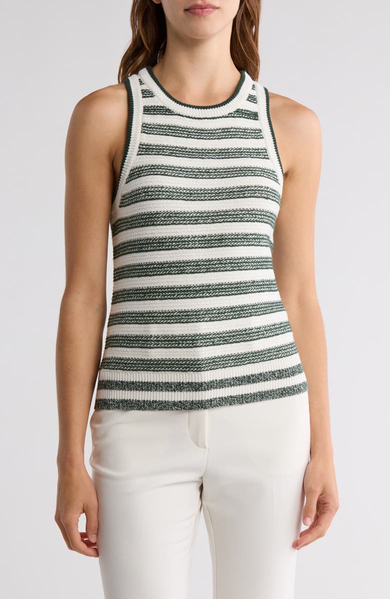 Veronica Beard Jerrel Stripe Cotton & Linen Knit Tank, Main, color, Ivory/ Hunter Green