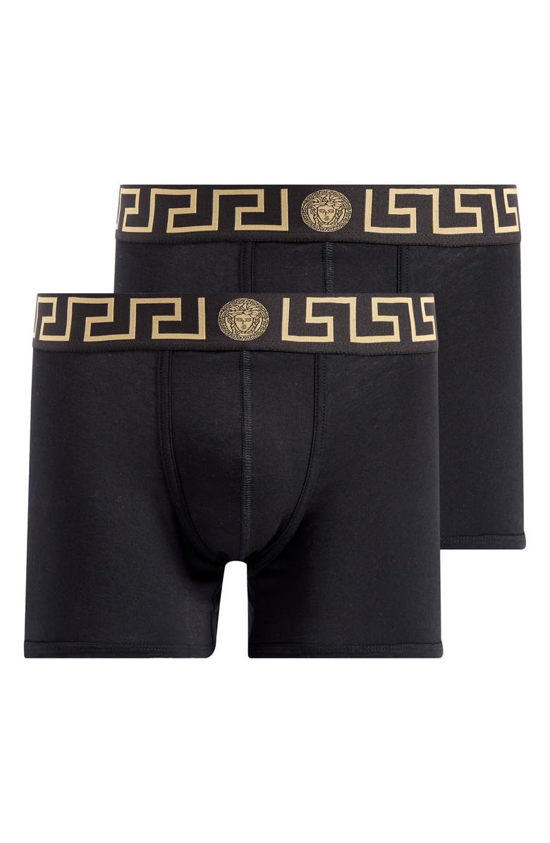 Versace 2-Pack Greca Border Stretch Cotton Boxer Briefs, Alternate, color, Black Gold Greek Key