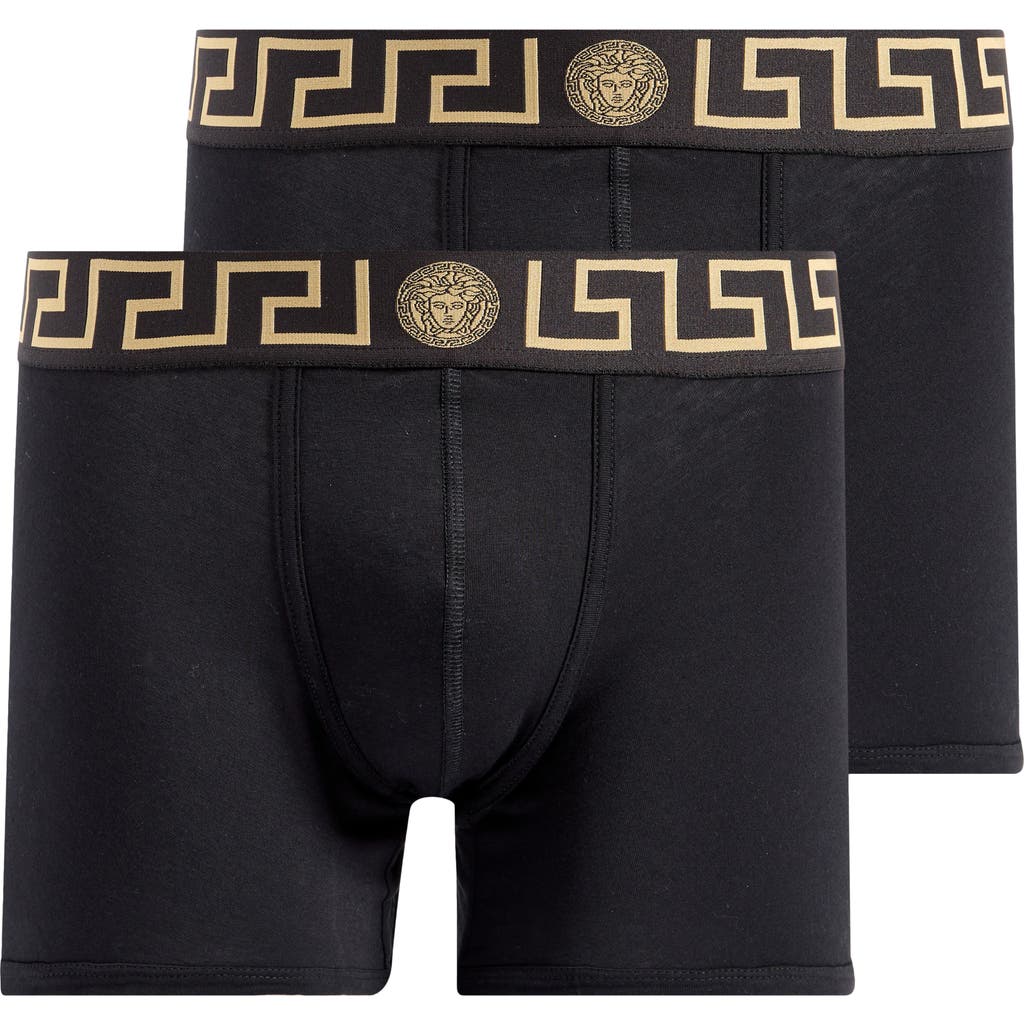 Versace 2-pack Greca Border Stretch Cotton Boxer Briefs In Black Gold Greek Key
