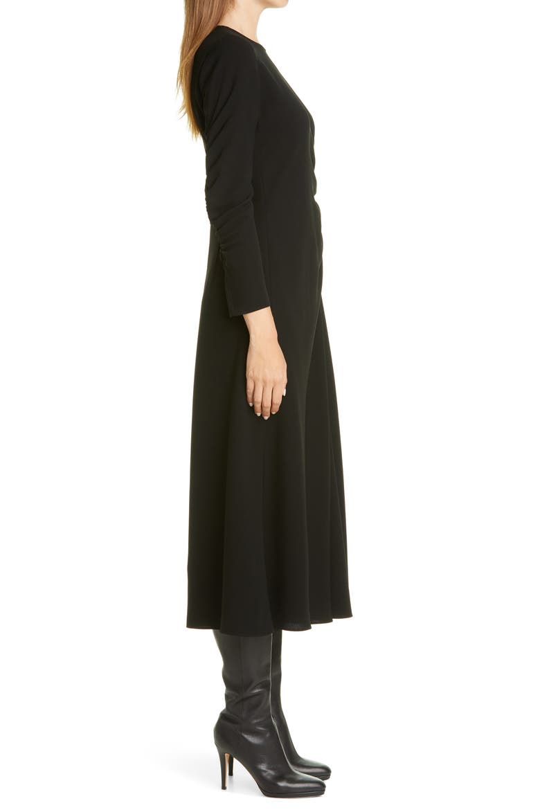 Collina Ruched Long Sleeve Midi Dress, Alternate, color, BLACK