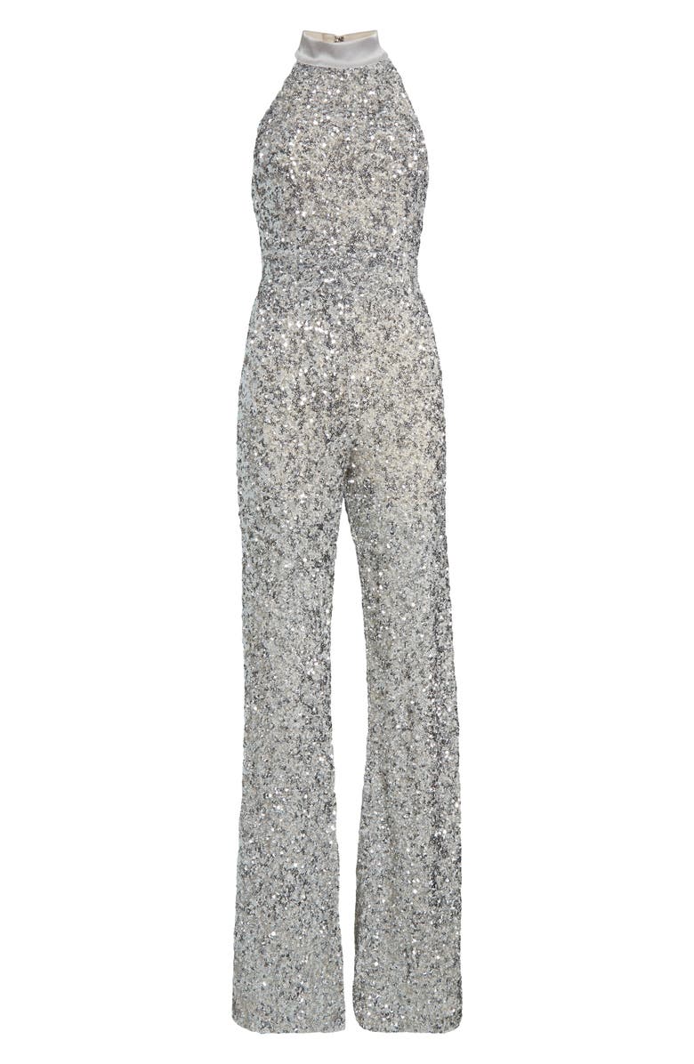 Alice + Olivia Cataline Sequin Jumpsuit, Alternate, color, Silver