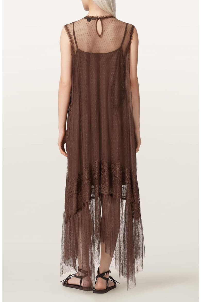 Clara Sheer Lace Sleeveless Handkerchief Hem Dress, Alternate, color, BITTER BROWN