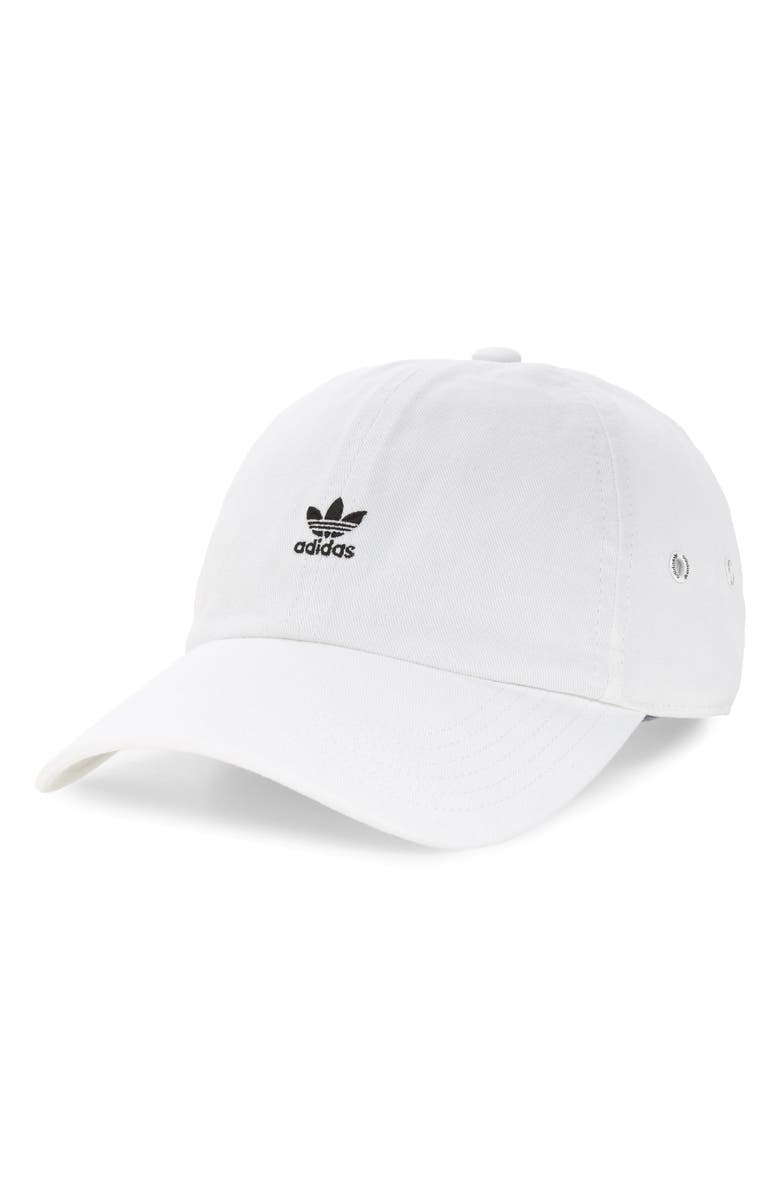 adidas Originals Mini Trefoil Relaxed Strap Back Hat, Main, color, White/ Black