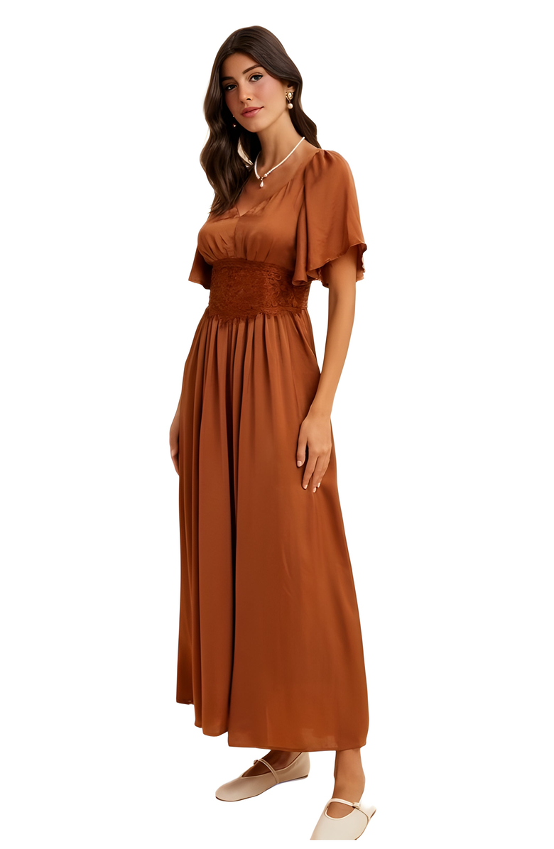 Knit and Lounge Lace Waist Flutter Sleeve Maxi Dress, Alternate, color, Rust