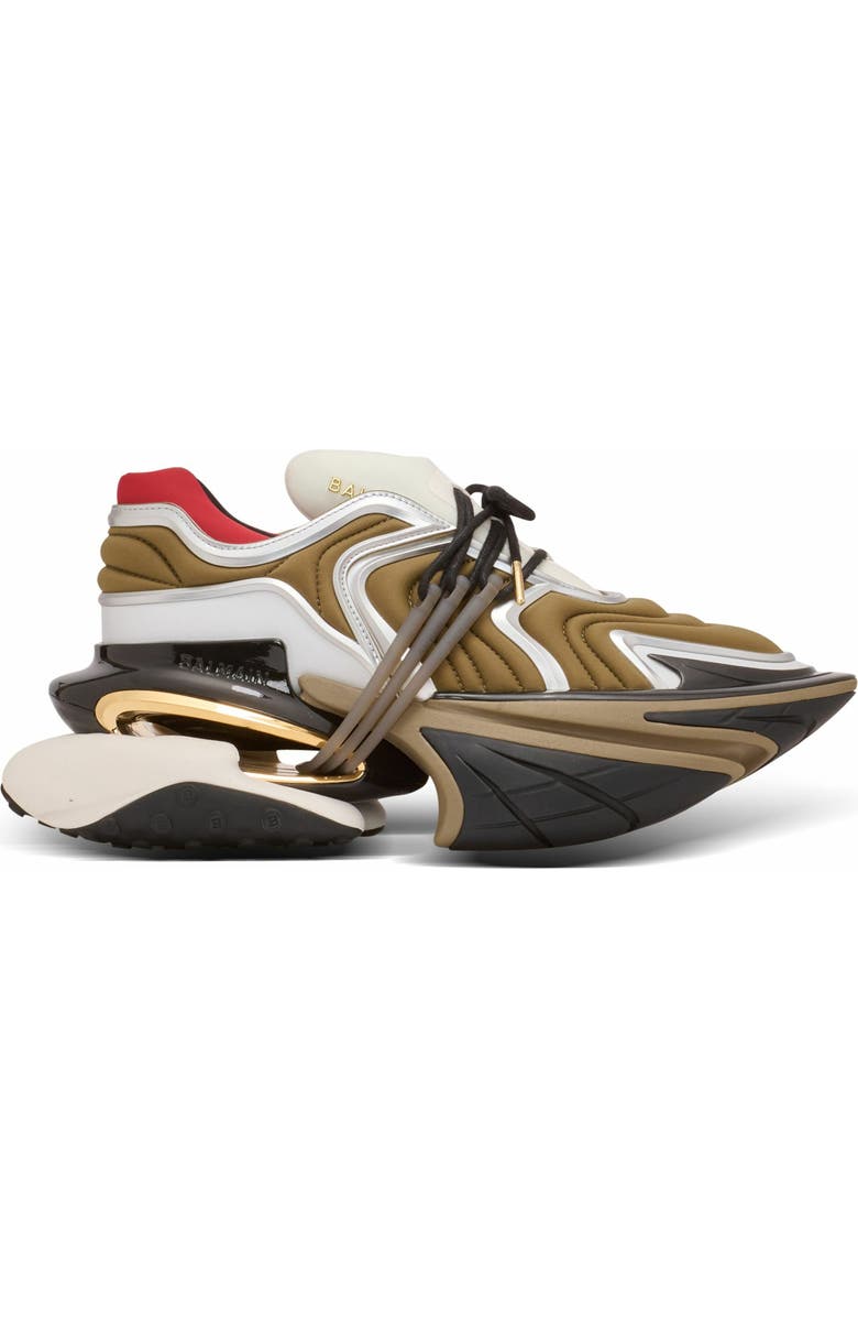 Balmain Unicorn Wave Trainers In Neoprene And Calfskin, Alternate, color, Khaki