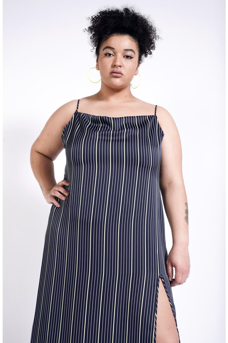 Square Neck Satin Slipdress (Nordstrom Exclusive), Alternate, color, NAVY PINSTRIPE