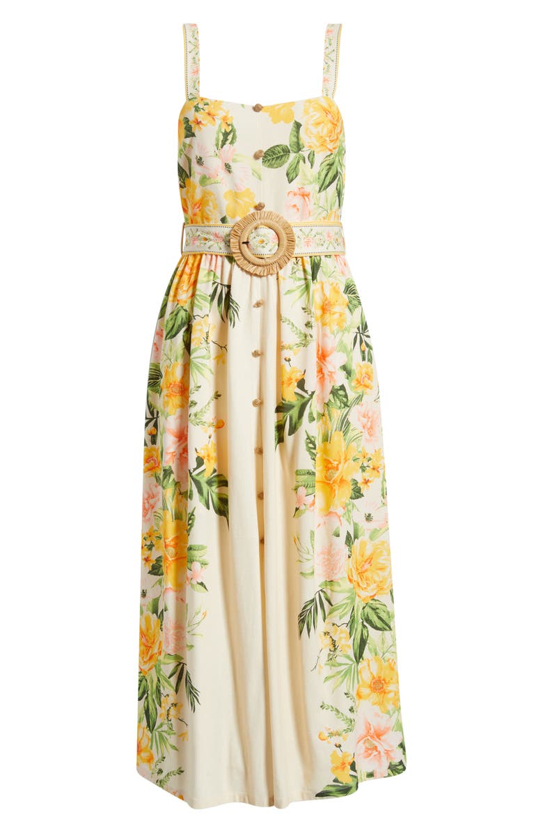 MOON RIVER Floral Belted Midi Sundress, Alternate, color, Cream Multi