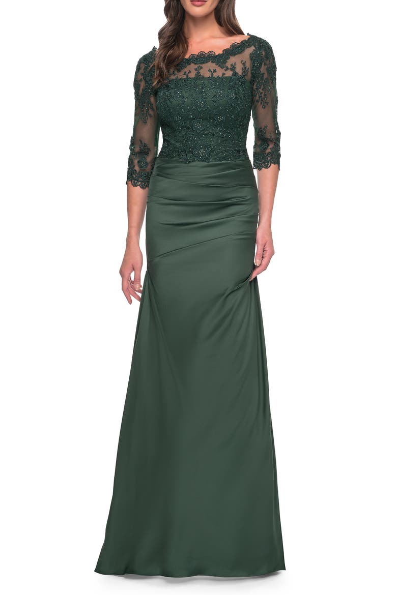 Satin and Lace Off the Shoulder Mermaid Gown, Main, color, Dark Emerald