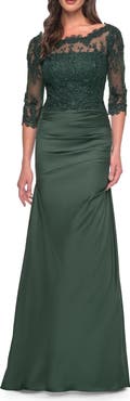 La Femme Satin and Lace Off the Shoulder Mermaid Gown