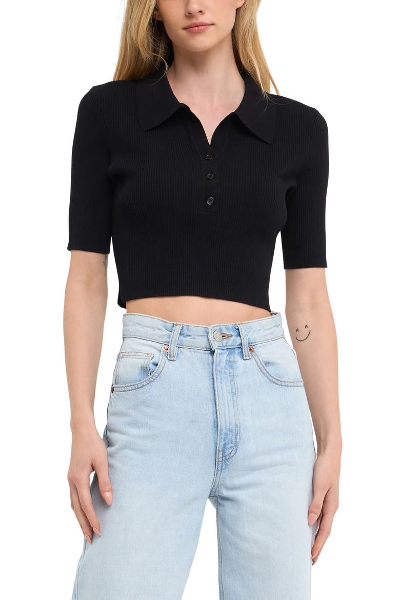 Rib Crop Polo Shirt, Alternate, color, BLACK