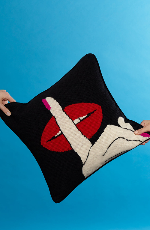 Jonathan Adler Lips Needlepoint Throw Pillow In Black