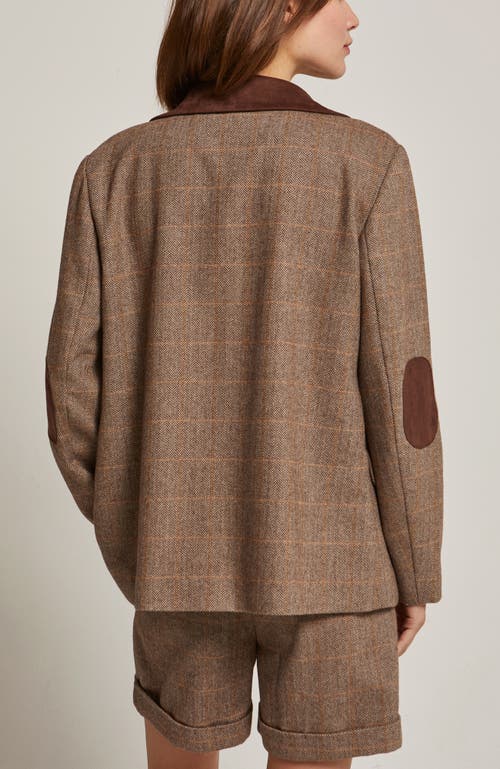 Crescent Herringbone Contrast Faux Suede Blazer In Brown