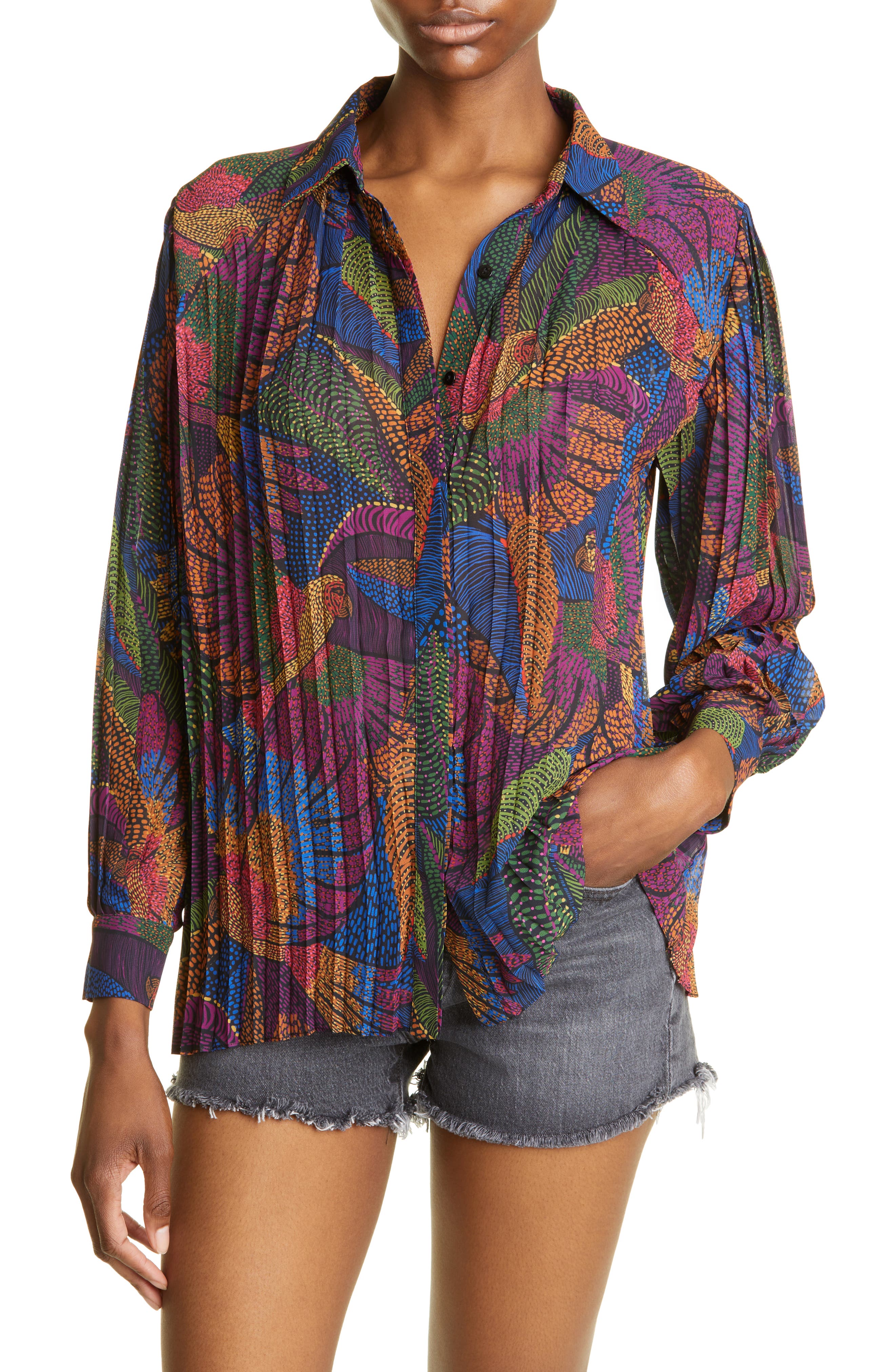 Dotted Macaws Pleated Button-Up Shirt