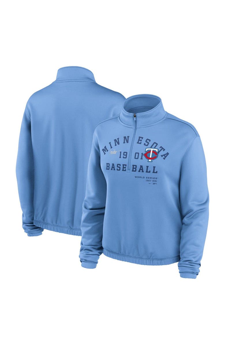 Nike Women's Nike Light Blue Minnesota Twins Rewind Splice Half-Zip Semi-Cropped Bubble Hem Sweatshirt, Main, color, Light Blue