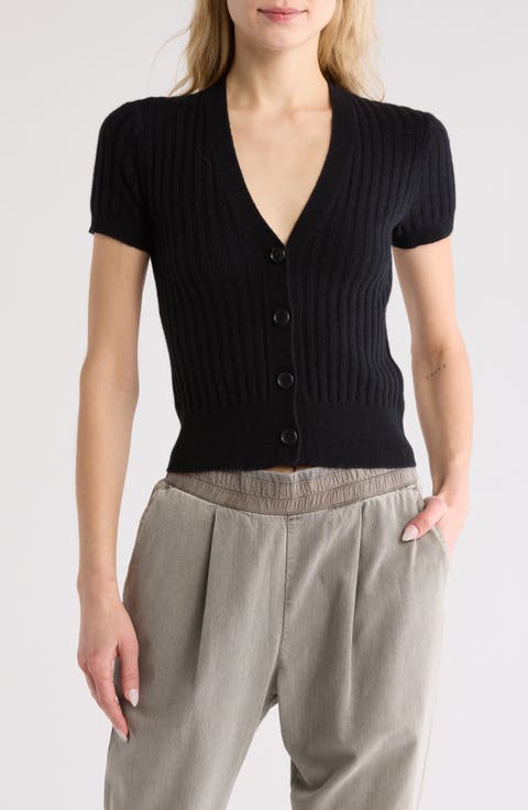 Ribbed Short Sleeve Cashmere Cardigan