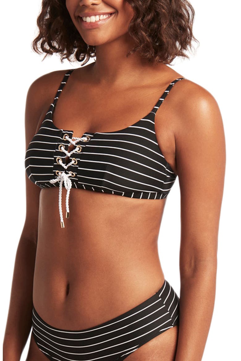 Stripe Lace-Up Bikini Top, Alternate, color, BLACK