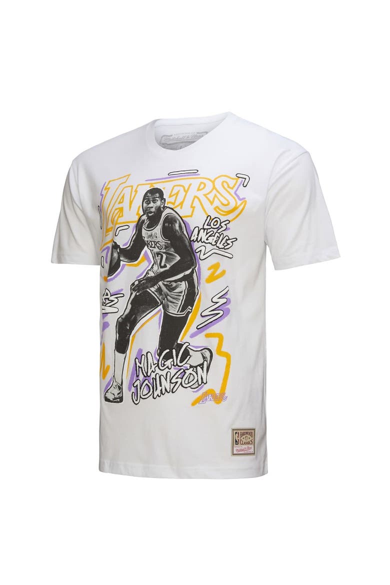 Men's Mitchell & Ness Magic Johnson White Los Angeles Lakers Hardwood Classics Chalked Up T-Shirt, Alternate, color, White