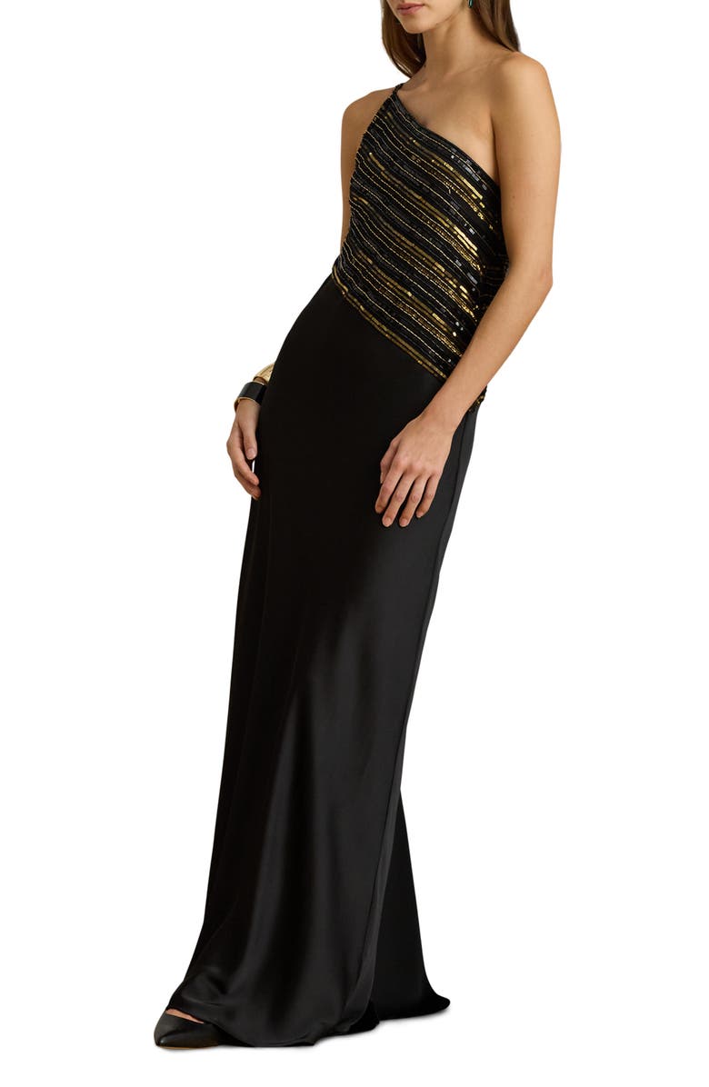 Lauren Ralph Lauren Beaded Mesh One-Shoulder Gown, Main, color, Black/ Gold