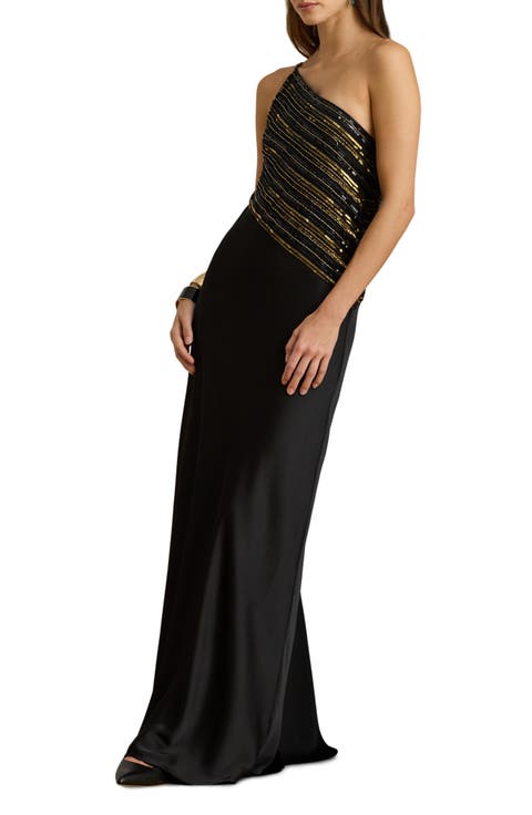 Beaded Mesh One-Shoulder Gown