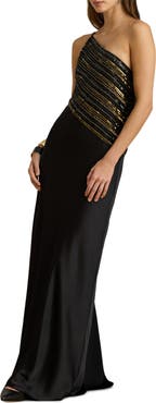 Lauren Ralph Lauren Beaded Mesh One-Shoulder Gown