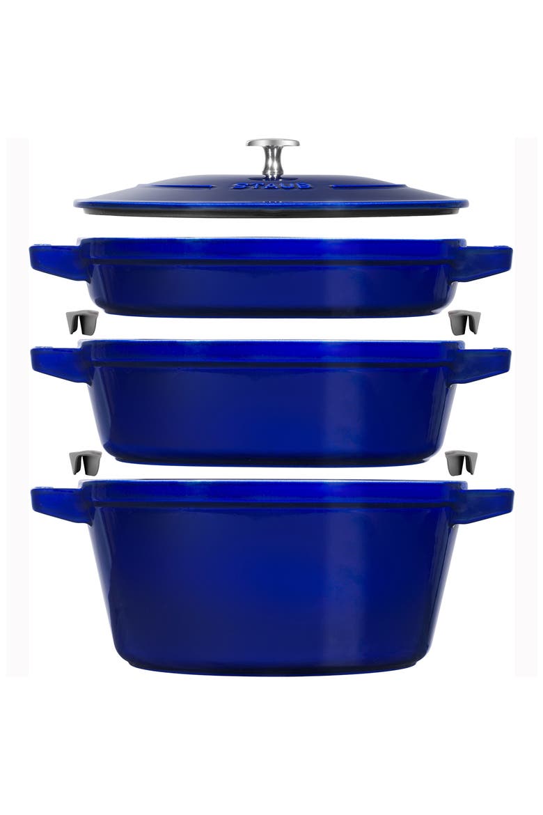 4-Piece Stackable Enameled Cast Iron Cookware Set, Main, color, DARK BLUE
