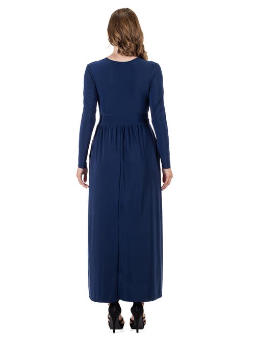 24seven Comfort Apparel Womens Long Sleeve V-neck Side Slit Maxi Dress In Blue