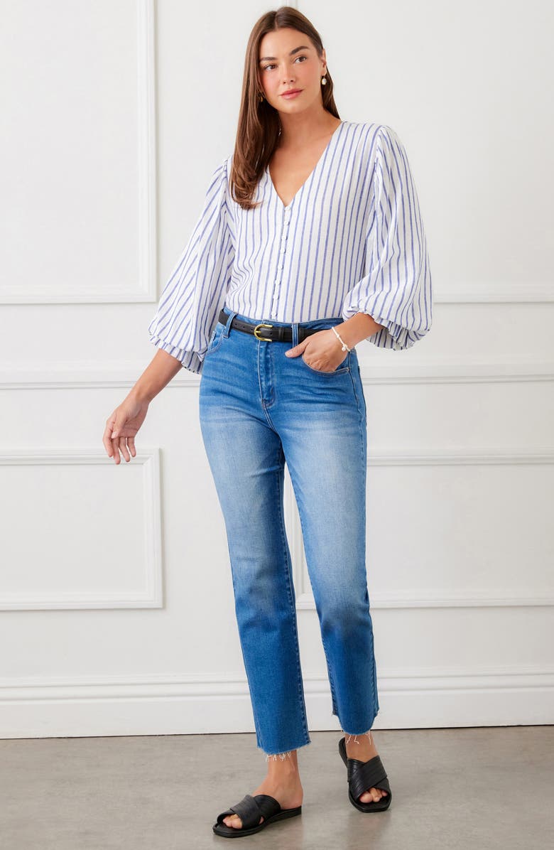 Karen Kane Stripe Linen Blend Shirt, Alternate, color, Blue/White