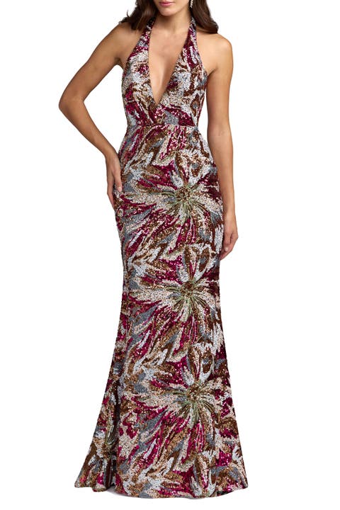 Floral Sequin Sleeveless Open Back Gown