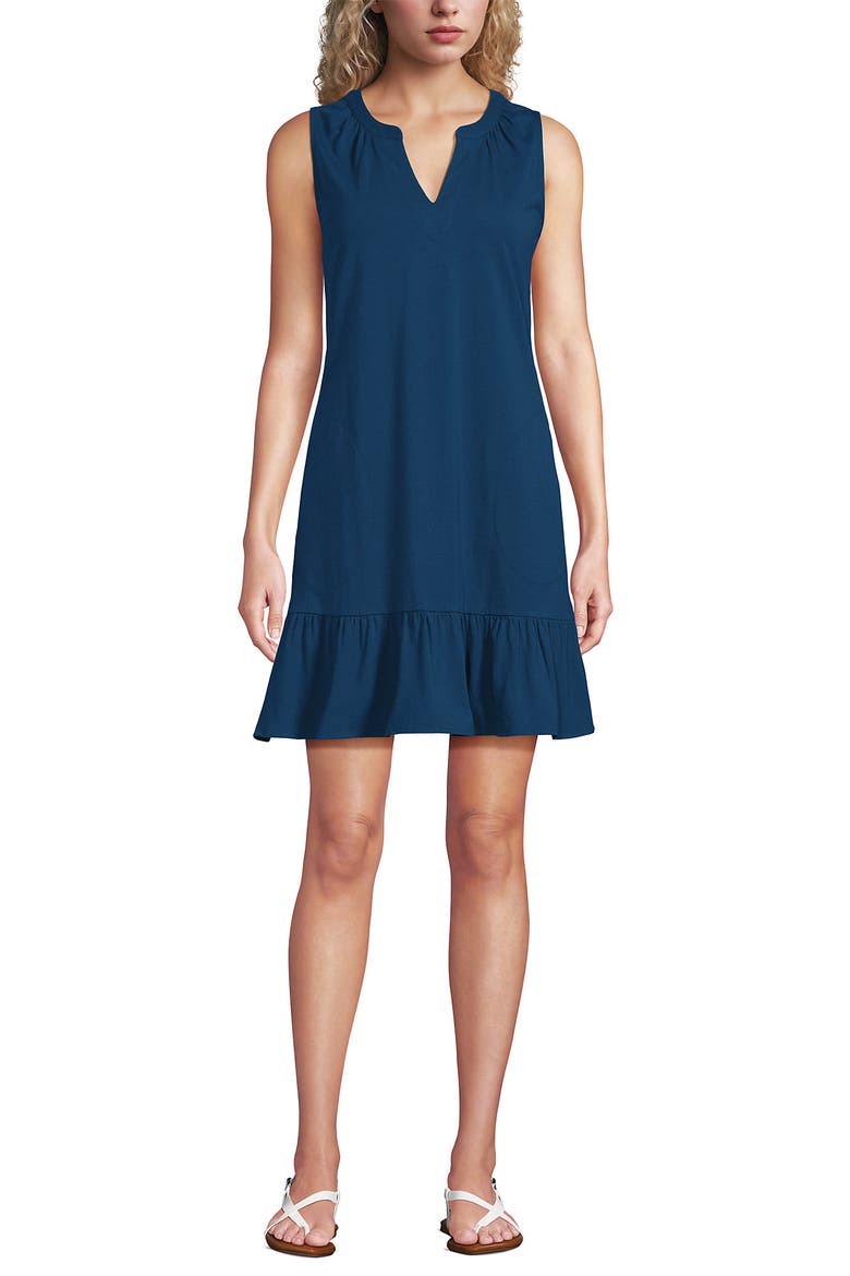 Sleeveless Cotton Jersey Notch Neck Flounce Dress, Main, color, Baltic Teal