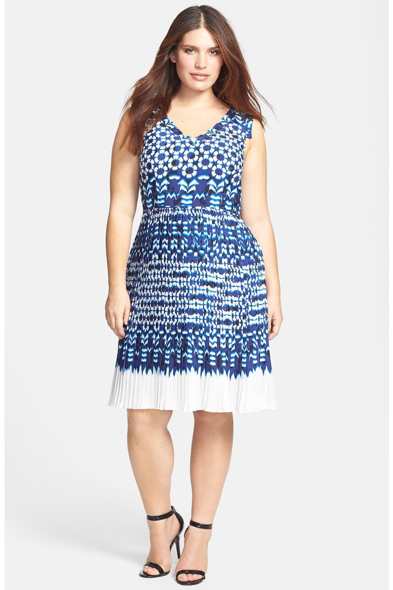 Ikat Print Pleat Fit & Flare Dress, Main, color, BLUE MULTI