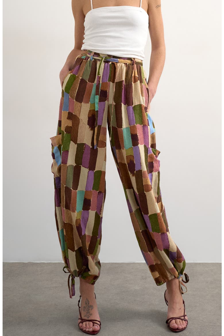 Abstract Print Linen Blend Cargo Pants, Main, color, BROWN