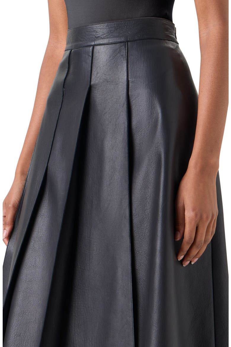 Pleated Asymmetrical Lambskin Leather A-Line Midi Skirt, Alternate, color, BLACK