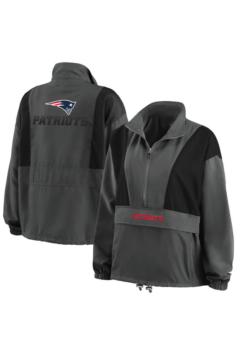 Women's WEAR by Erin Andrews Charcoal New England Patriots Popover Packable Half-Zip Jacket, Main, color, Charcoal
