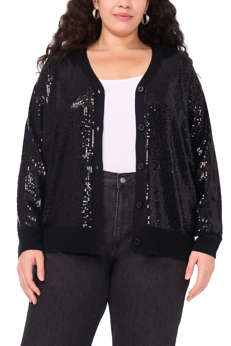 Sequin Mixed Media Cardigan, Alternate, color, RICH BLACK