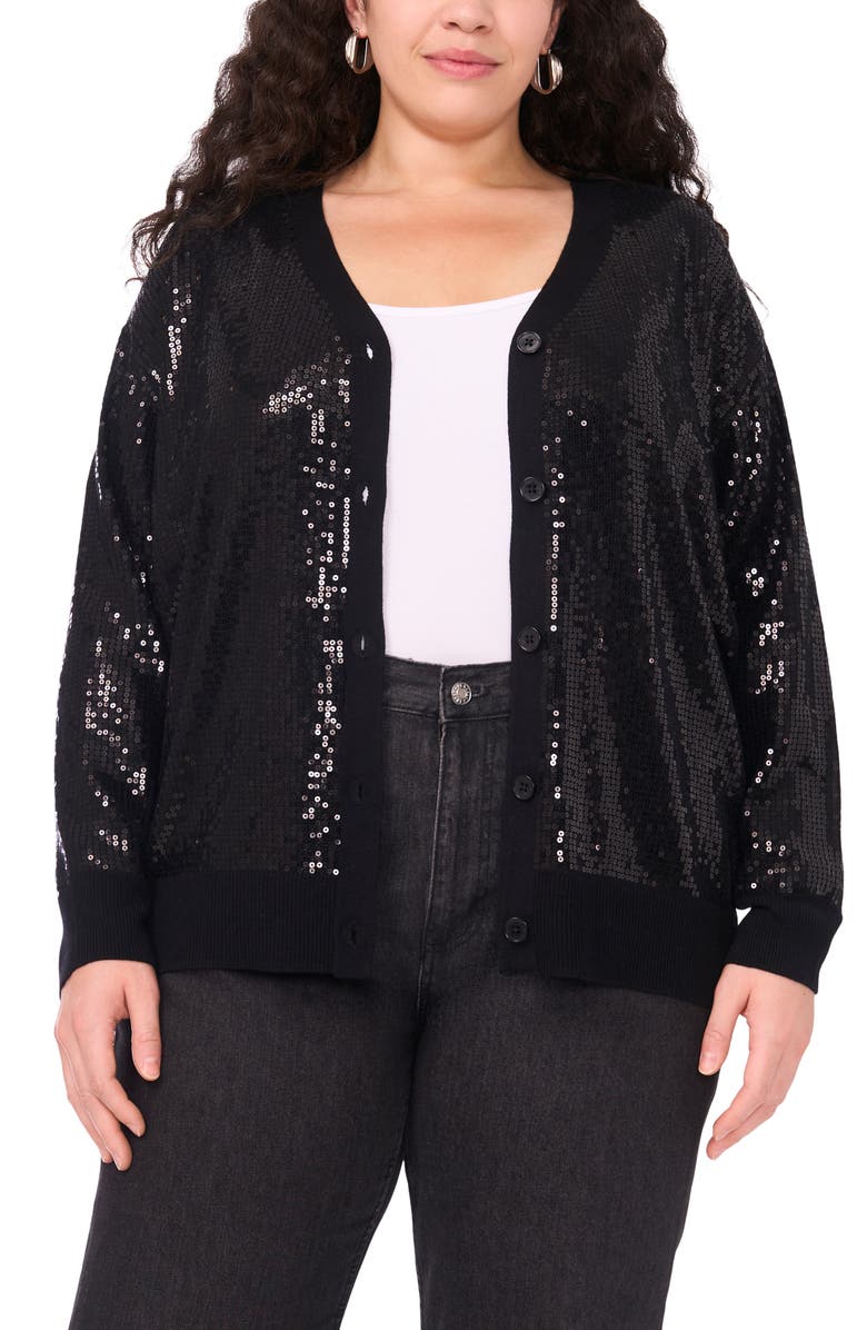 Vince Camuto Sequin Mixed Media Cardigan, Alternate, color, Rich Black