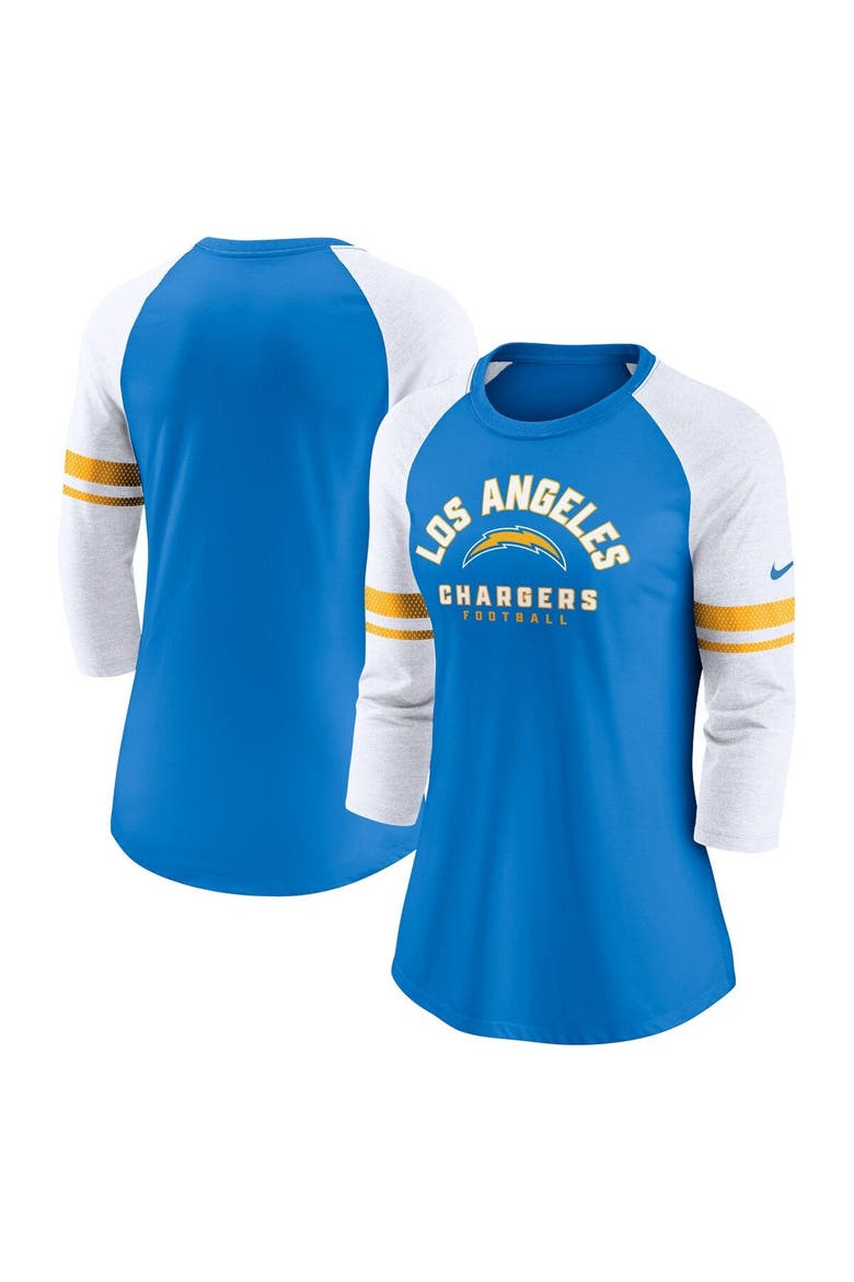 Women's Nike Powder Blue Los Angeles Chargers 3/4-Sleeve Lightweight Raglan Fashion T-Shirt, Main, color, Powder Blue